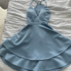Periwinkle fit and flare plunge dress